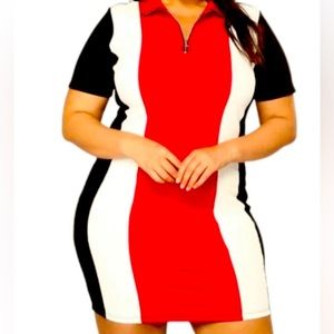Ashley Stewart color mix (red white and black) mini dress with quarter zipper.